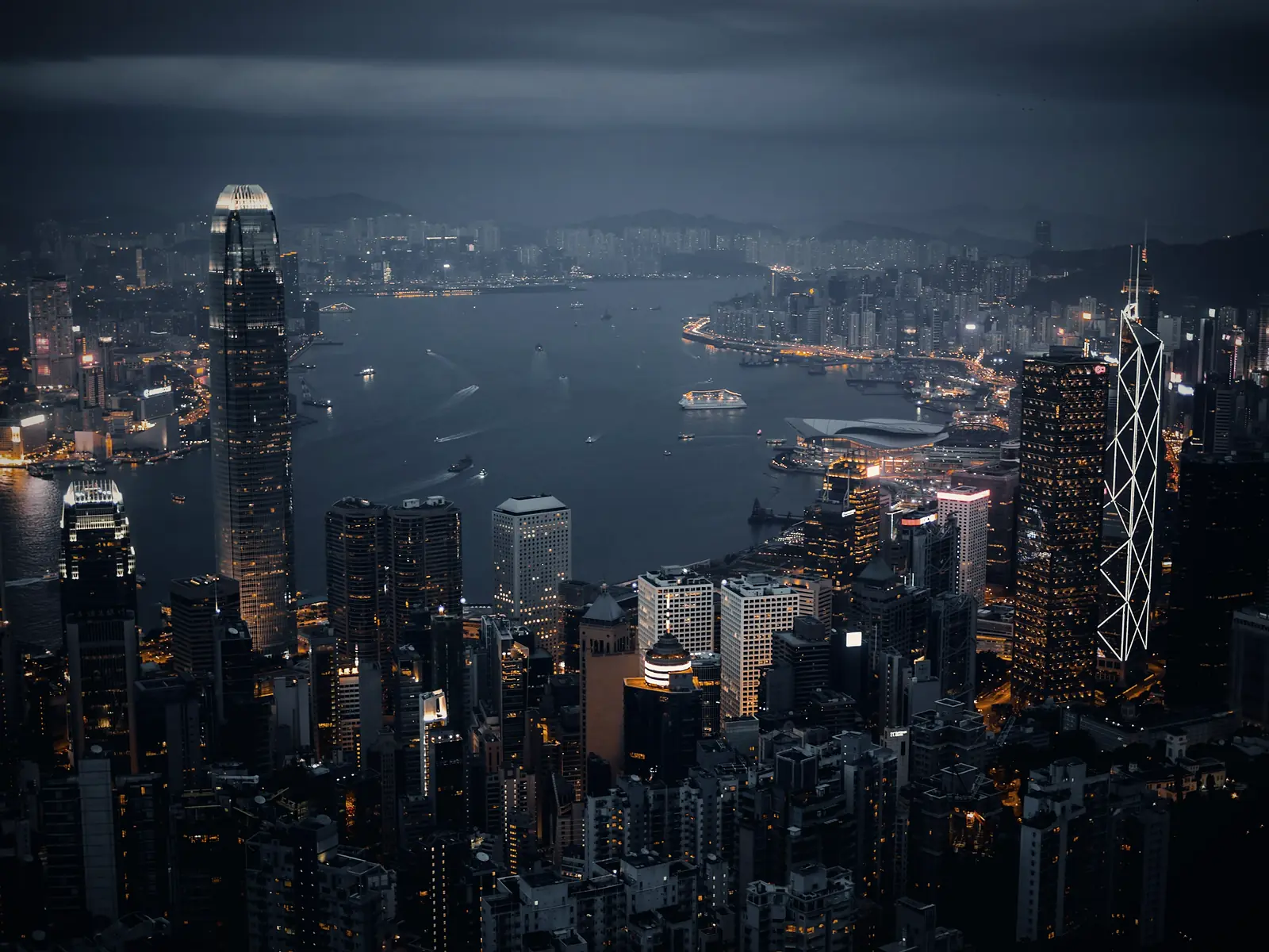 Aerial view of Victoria Harbour and the Hong Kong skyline at night